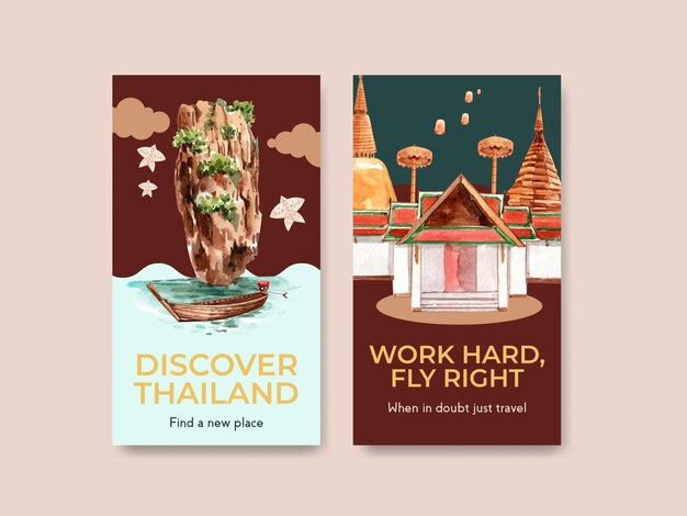 Instagram template set with Thailand travel concept for social media in watercolor style