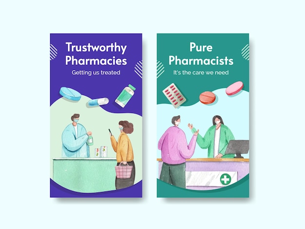 Instagram template set with world pharmacists day in watercolor style