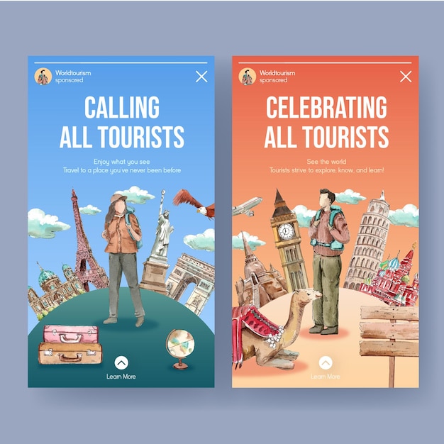 수채화 스타일로 세계 관광의 날이 설정된 instagram 템플릿