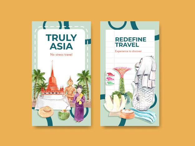 Modello di instagram con concept design di viaggio in asia per social media e illustrazione di vettore dell'acquerello di marketing online