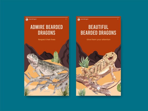 Free vector instagram template with bearded dragon animal in watercolor style