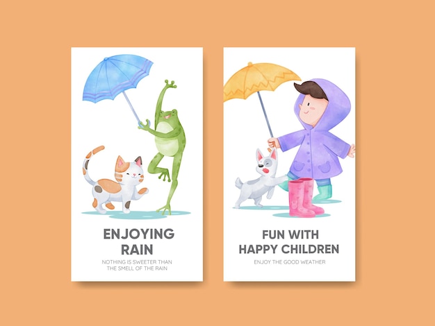 Free vector instagram template with children rainy season conceptwatercolor style