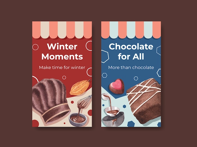 Free vector instagram template with chocolate winter concept design for online marketing and social media watercolor vector illustration