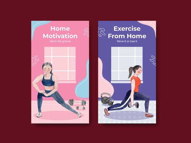 Шаблон instagram с концепцией упражнений в домашних условиях, акварельный стиль