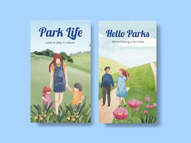 無料ベクター ソーシャルメディアの水彩イラストのための公園と家族のコンセプトデザインのinstagramテンプレート