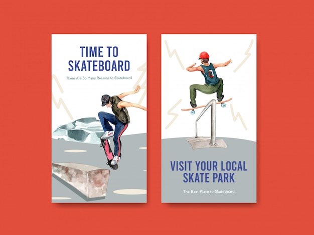 ソーシャルメディア水彩ベクトルイラストのスケートボードデザインコンセプトのinstagramテンプレート。