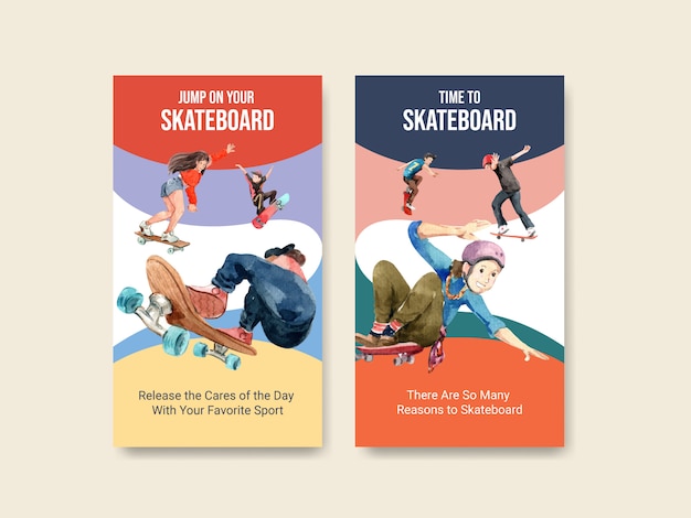 Instagram template with skateboard design concept for social
media watercolor vector illustration.