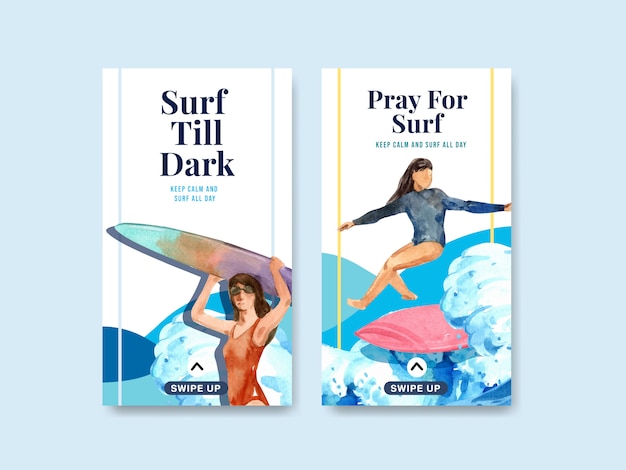 Modello di instagram con tavole da surf in spiaggia