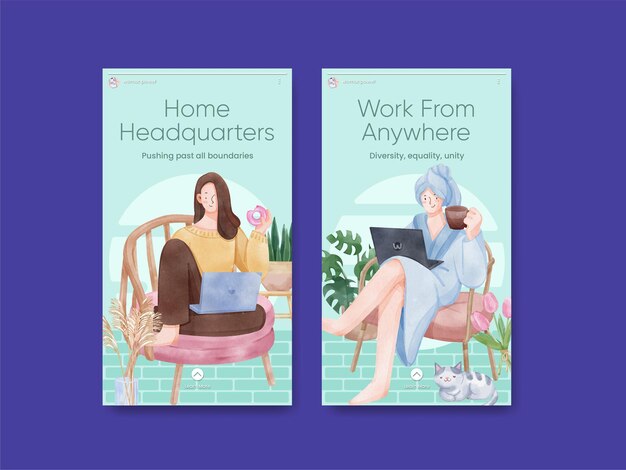 Free vector instagram template with woman work from home conceptwatercolor style