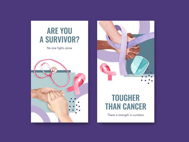 Modello di instagram con concept design della giornata mondiale del cancro per i social media e l'illustrazione di vettore dell'acquerello di marketing digitale.