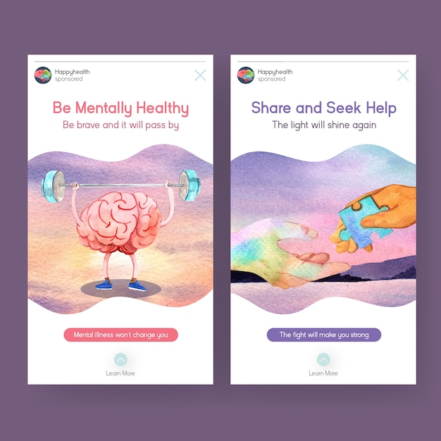 Instagram template with world mental health day concept design for social media and online marketing watercolor vector illustraion.