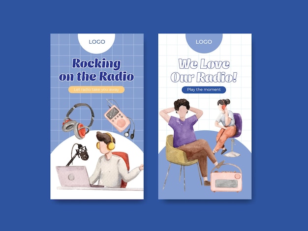 Instagram Template With World Radio Day Concept Design For Social Media And Digital Marketing Watercolor Illustration