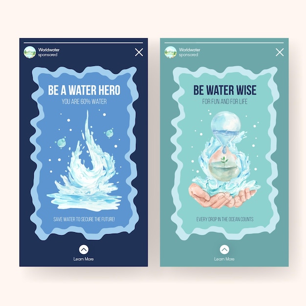 Modello di instagram con concept design della giornata mondiale dell'acqua per l'illustrazione dell'acquerello di social media