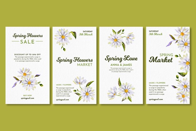 Vettore gratuito raccolta di storie ad acquerello di instagram per la primavera con i fiori