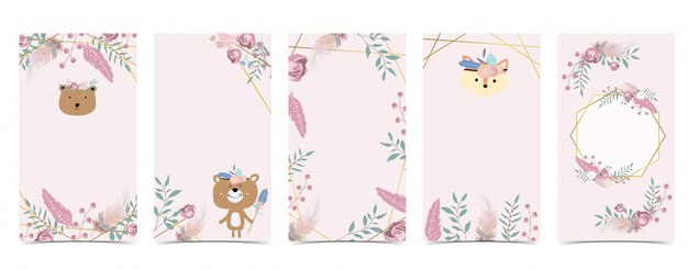 ソーシャルメディアのかわいい背景 花 羽 自由奔放に生きるinstagramの物語のセット プレミアムベクター