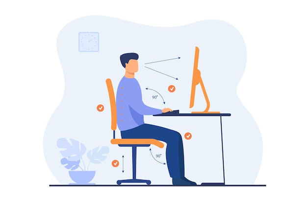 Free vector instruction for correct pose during office work flat illustration. cartoon worker sitting at desk with right posture for healthy back and looking at computer