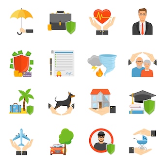 Set di icone piane di simboli di compagnie di assicurazione