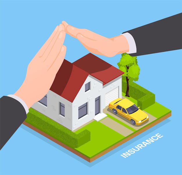 Insurance isometric composition with private house with agents hands protecting property with editable text