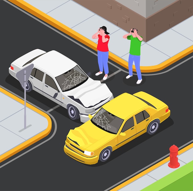 Страховая изометрическая композиция с уличным пейзажем перекрестка дорог и столкновением автомобилей с шокированными персонажами-водителями