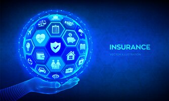 insurance services concept. abstract 3d sphere or globe with icons in hand.