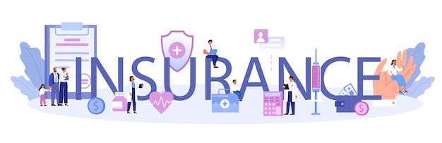 Free vector insurance typographic header idea of security and protection of person's life from damage healthcare and medical service isolated flat vector illustration