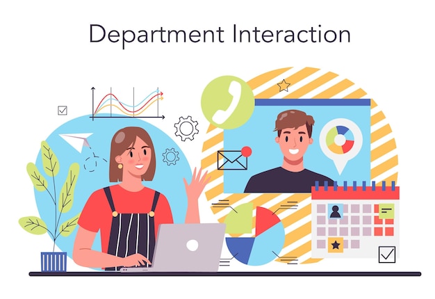 Interaction of departments concept Business teamwork Idea of partnership and departments cooperation Business profit and financial growth Isolated flat vector illustration