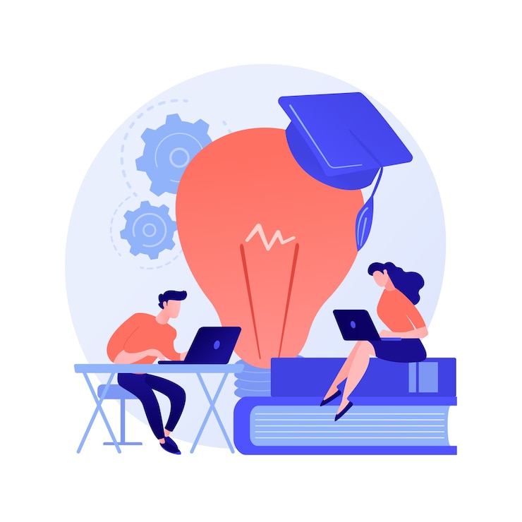 Бесплатный Вектор интернет-поиск интересных фактов о химии. самообразование, подготовка к экзаменам, интернет-серфинг. мужчина и женщина персонажей просматривают научный веб-сайт