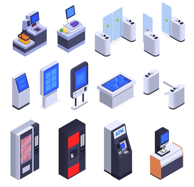 Изометрические иконки интерфейсов, установленные с 3d банкоматом, информационным киоском, кассой автомата для напитков, турникетом, изолированной векторной иллюстрацией