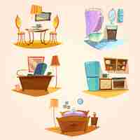 Free vector interior cartoon retro set