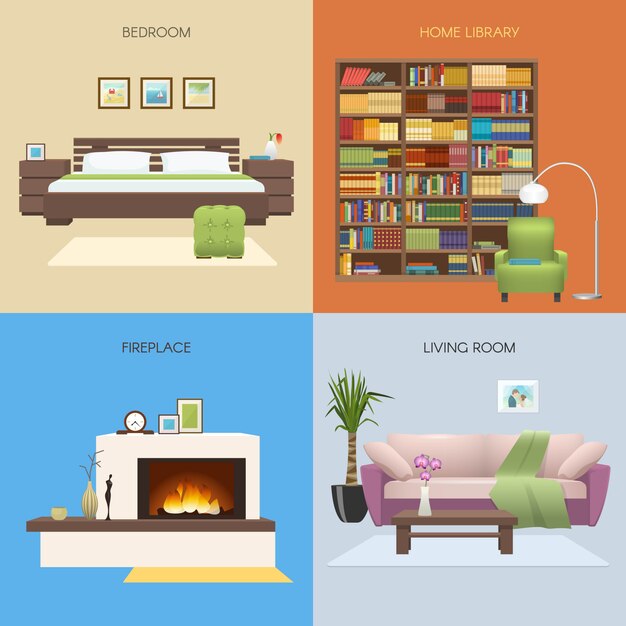 Interior colored compositions with bedroom and home library fireplace and comfortable lounge isolated vector illustration