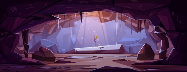 interior of dark underground cave with grow plant