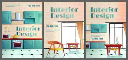 Free vector interior design cartoon. home kitchen with appliances. cartoon.