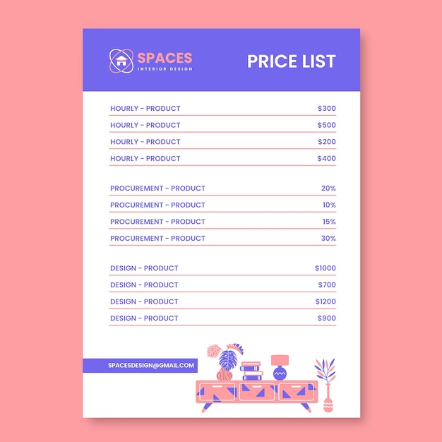 Free vector interior design price list