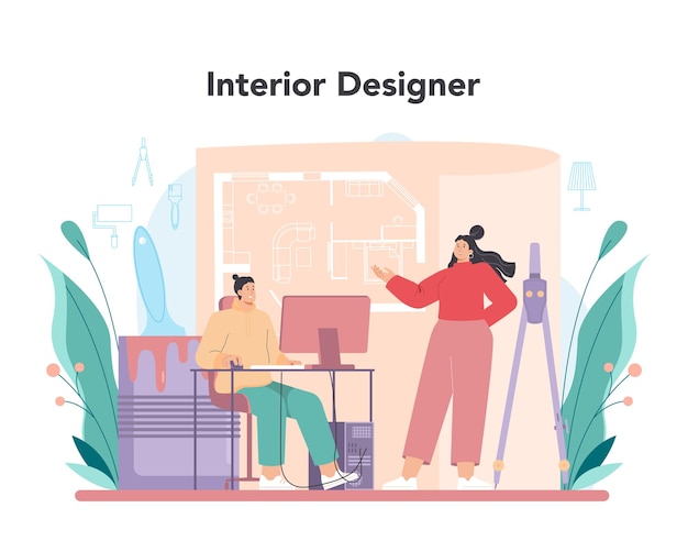 無料ベクター インテリアデザイナーのコンセプトデコレータは、壁の色と家具のスタイルを選択して部屋のデザインを計画します家の改修孤立したフラットベクトル図