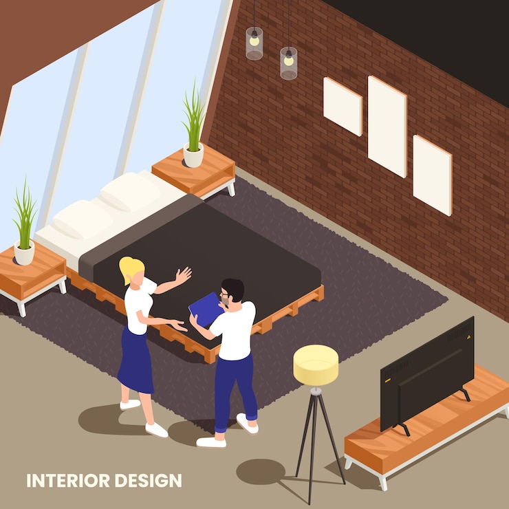 Free Vector interior designer discussing with client bedroom remodeling decoration defying customer style and preferences isometric composition vector illustration