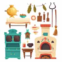 Бесплатное векторное изображение Элементы интерьера древнерусской кухни с духовкой
