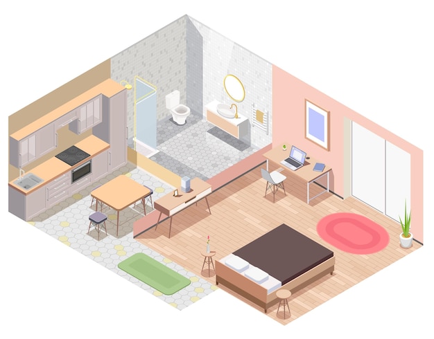 免费矢量室内家具等距彩色成分与家具插图