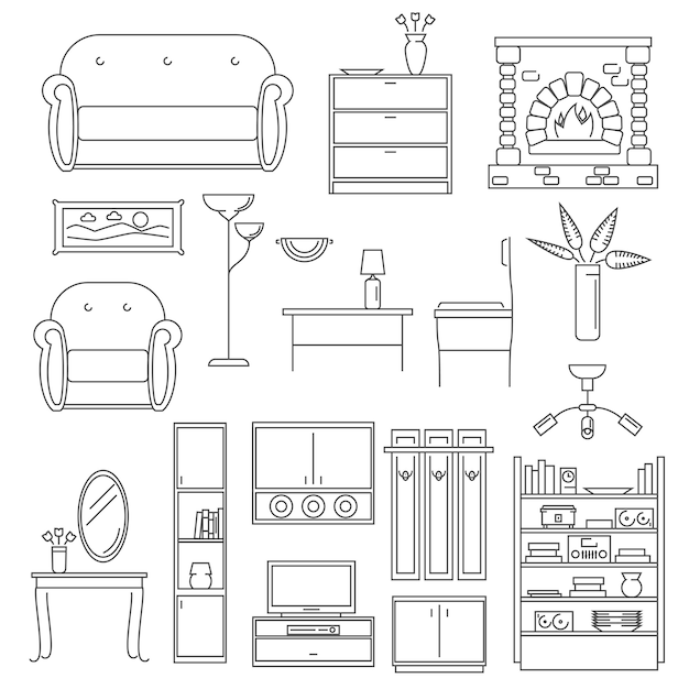 Free vector interior icons line set