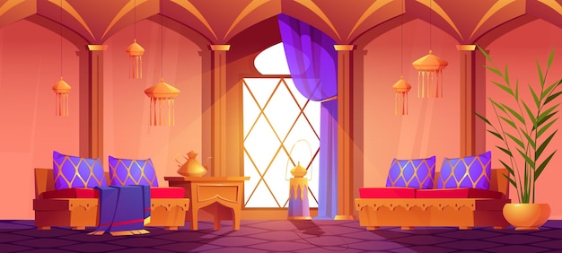 Бесплатное векторное изображение Интерьер в арабском стиле, ближневосточный дизайн комнаты