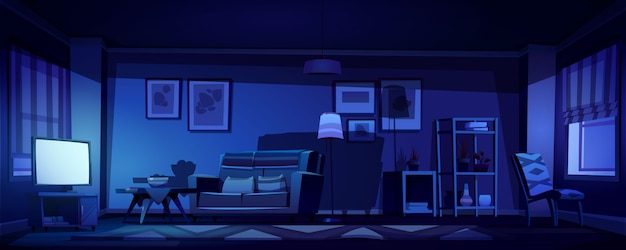 Interior of living room with tv at night