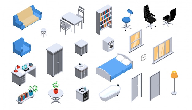 Interior objects appliances furniture lighting isometric icons set with sofa bed bookcase office chair oven