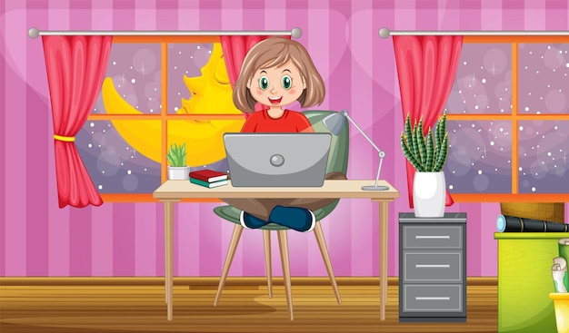 Интерьер розовой комнаты с девушкой за компьютером