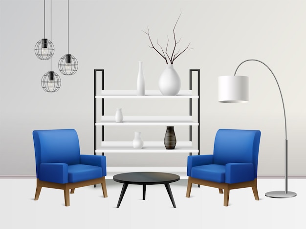 Интерьерная реалистичная композиция с пейзажем гостиной и мягкими синими стульями возле полок с лампами и столом