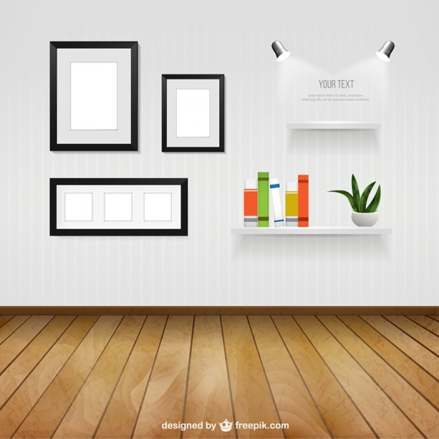 Free vector interior room with wall frames and shelves