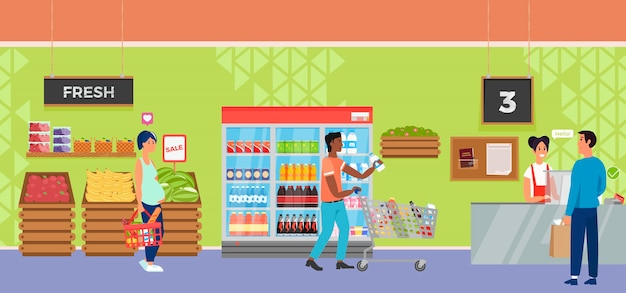 Free vector interior supermarket store with people character cashier and buyer.