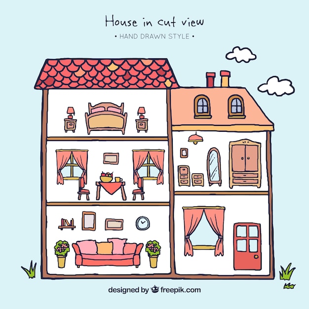 Free vector interior view of hand-drawn house