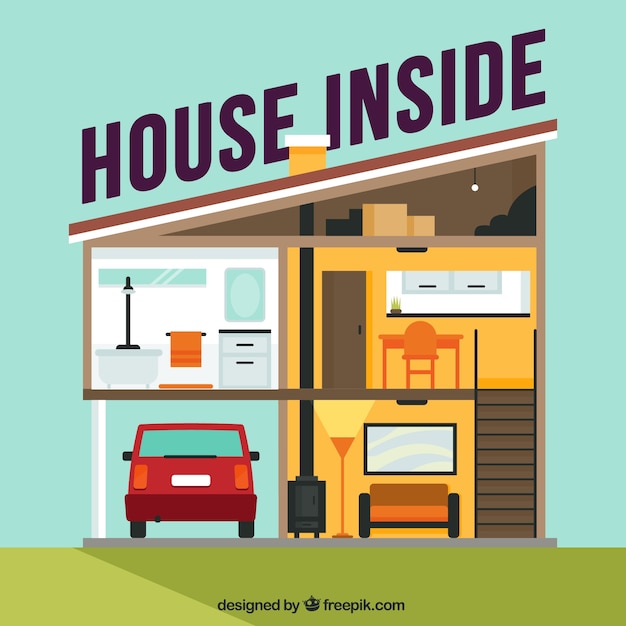 Free vector interior view of house with garage and flat design