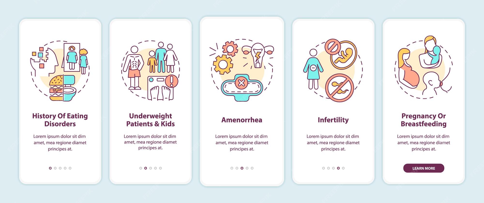 intermittent fasting precaution onboarding mobile app page screen with concepts diet health walkthrough 5 steps ui template with rgb color illustrations 106317 3328