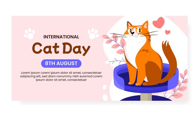 International cat day hand drawn flat banner