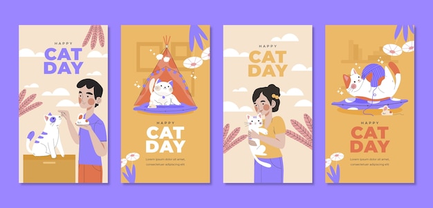 International cat day hand drawn flat ig stories collection